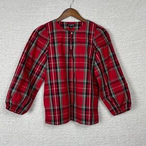 J. Crew Top Womens XXS Red‎ Puff Sleeve Poplin Blouse Good Tidings Plaid Cotton